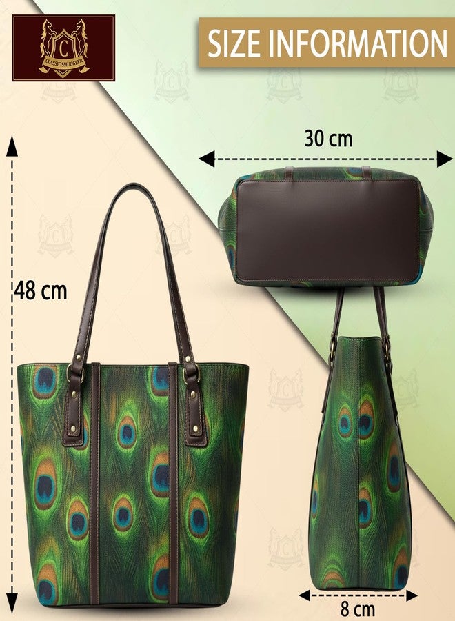 CLASSIC SMUGGLER Women’s Stylish Handbag with Peacock Print | Premium Fabric Shoulder Bag with Metal Chain | Large Capacity Tote Bag for Office, College, Shopping & Daily Use - Image 3